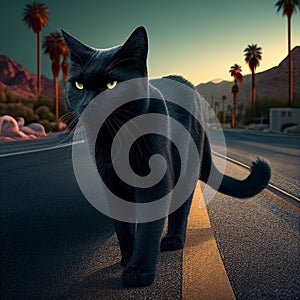 Black cat with yellow eyes crosses road, close-up. Bad omen, superstition, magic, sorcery,