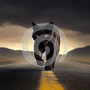 Black cat with yellow eyes crosses road, close-up. Bad omen, superstition, magic, sorcery,