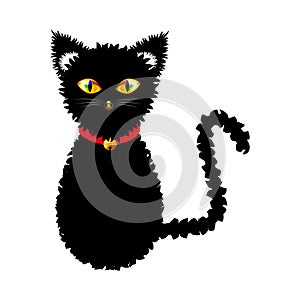 Black Cat with Yellow Eyes and Golden Ball Bell Red Choker. Halloween Day. Vector Illustration . on white Background