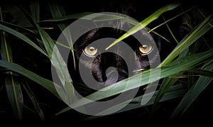 Black Cat With Yellow Eyes Hiding in Grass