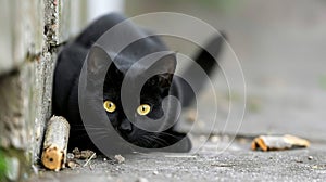 Black cat with yellow eyes in modern tunnel, with ample space for text placement photo