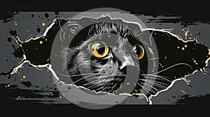 A black cat with yellow eyes peeking out of a hole in the wall, AI