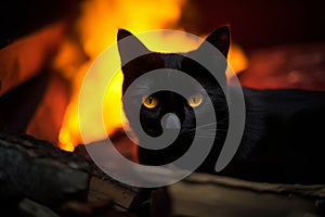 a black cat with yellow eyes sitting in front of a fire