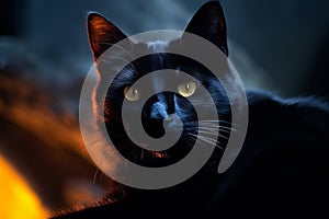 a black cat with yellow eyes sitting in front of a fire