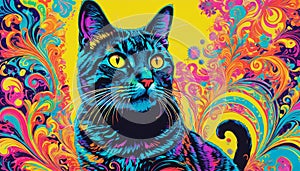 a black cat with yellow eyes and swirly pattern background