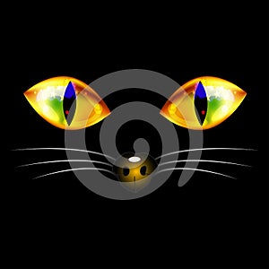 Black Cat with Yellow Golden Eyes, Nose and White Whisker. Halloween Day. Vector Illustration. on white Background