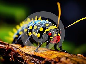 Black caterpillar with yellow spots and red head on leaf in