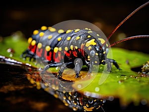 Black caterpillar with yellow spots and red head on leaf in