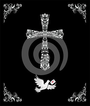 Black catholic ornate card with silver decorative floral cross and vignette and flying dove with letter for baptism and Easter gre