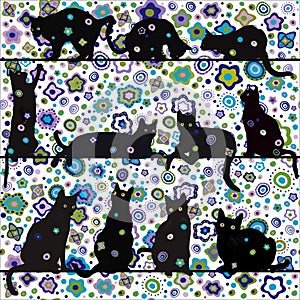 Black cats collection on floral background