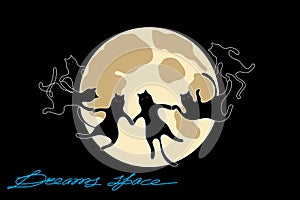 Black cats dancing in a round dance around the big full moon on a black background. Fantasy flat style creative illustration