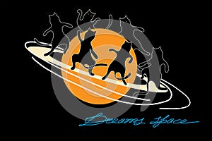 Black cats dancing in a round dance around planet Saturn on a black background. Fantasy flat style creative illustration