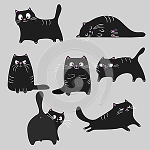 Black cats different poses and emotions set. Disappointed, angry, sleeping, relaxing, happy and cheerful cats. Pets animals collec