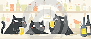 Black cats drink beer in the bar. Friends reunion. Beer festival. Flat illustration banner 7:3