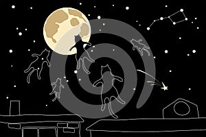 Black cats fly from roof in the night starry sky to the moon. Creative doodles. Fantasy flat style