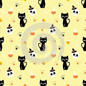 Black Cats and Halloween Skull Seamless Pattern