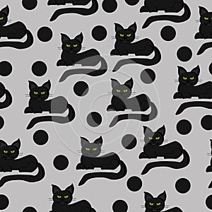 Black cats seamless pattern, dark cats and gray dots on a gray background