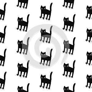 Black cats seamless pattern hand drawn on white font