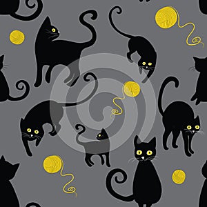 Black cats silhouettes seamless pattern.