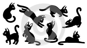 Black cats silhouettes set for halloween and other. Cat shapes isolated on white background.