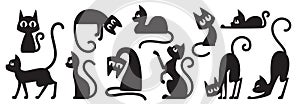 Black cats silhouettes set for halloween and other. Vector cat shapes isolated on white background.