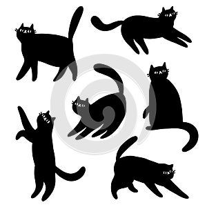 Black cats silhouettes, vector illustrations cartoon set