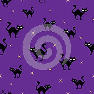 Black cats and star halloween purple vector repeat seamless pattern. October holiday vector. For Wallpaper or textile design.