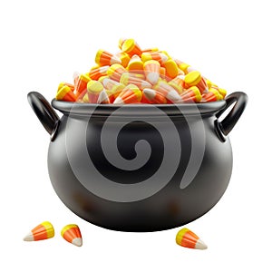 A Black Cauldron Filled With Candy Corn