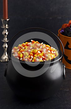 Black Cauldron For Witches FIlled with Candy Corn
