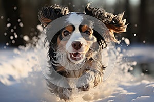 Black Cavalier King Charles dog running in the snow