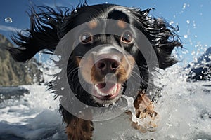 Black Cavalier King Charles dog running in the water