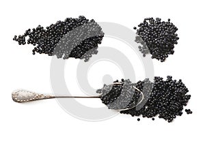 Black Caviar isolated on white background, top view. Set of sturgeon black caviar close-up. Delicatessen