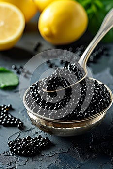 Black caviar and lemon. Selective focus.