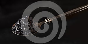 Black caviar panorama, a spoon closeup on a dark background