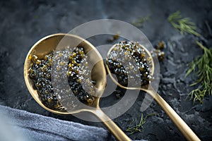 Black Caviar in a spoon on dark background. High quality real natural sturgeon black caviar close-up. Delicatessen