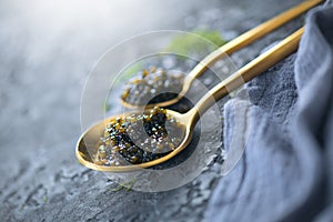 Black Caviar in a spoon on dark background. High quality real natural sturgeon black caviar close-up. Delicatessen