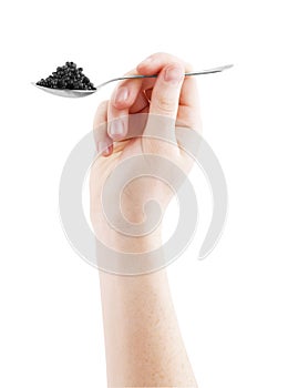 Black caviar on a spoon isolated