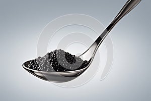 Black caviar. Sturgeon caviar. Black caviar in a metal spoon. Sea delicacy. Selective focus. AI generated