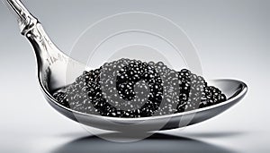 Black caviar. Sturgeon caviar. Black caviar in a metal spoon. A seafood delicacy. Selective focus. AI generated