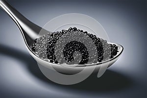 Black caviar. Sturgeon caviar. Black caviar in a spoon close-up. Sea delicacy on a dark background. AI generated