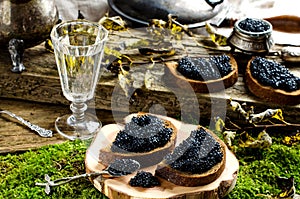 Black caviar and vodka. Vintage style.
