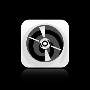 Black CD or DVD disk icon isolated on black background. Compact disc sign. Silver square button. Vector