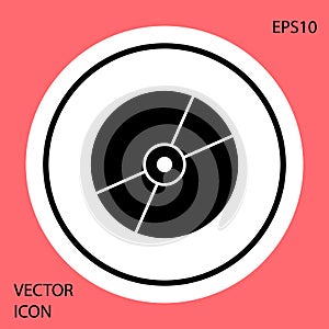 Black CD or DVD disk icon isolated on red background. Compact disc sign. White circle button. Vector