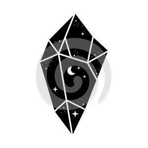 Black celestial crystal icon. Astrology crystals with ctars and moon. Mystical tshirt print. Magic celestial element.