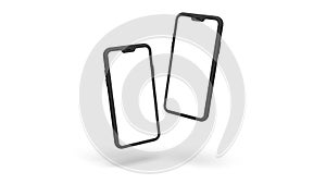 Black cell phones floating on white background rendering