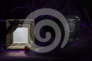 Black cemetery urn with red rose blank golden mourning frame on deep purple background