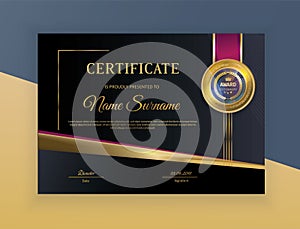 Black certificate with gold red blue design elements. Modern blank with gold emblem