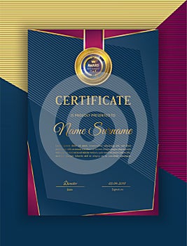 Black certificate with gold red blue design elements. Modern blank with gold emblem