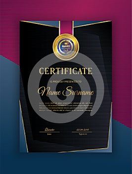 Black certificate with gold red blue design elements. Modern blank with gold emblem