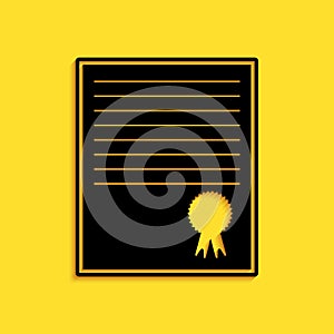 Black Certificate template icon isolated on yellow background. Achievement, award, degree, grant, diploma concepts